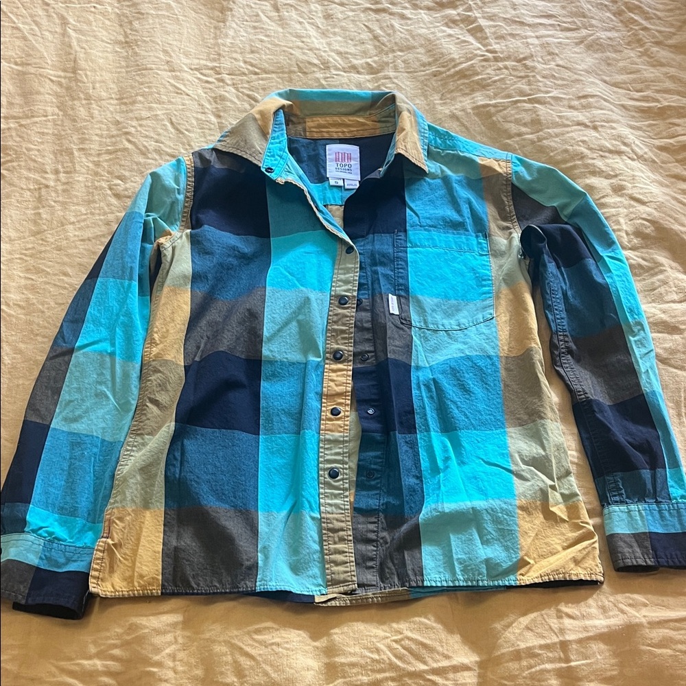 Topo Designs Organic Cotton Turquoise and Yellow Plaid Button Down Shirt